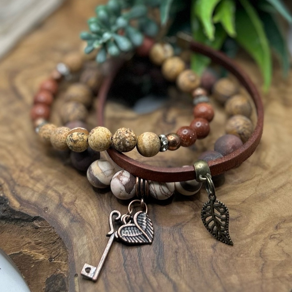 Semiprecious stone & leather bracelet stack